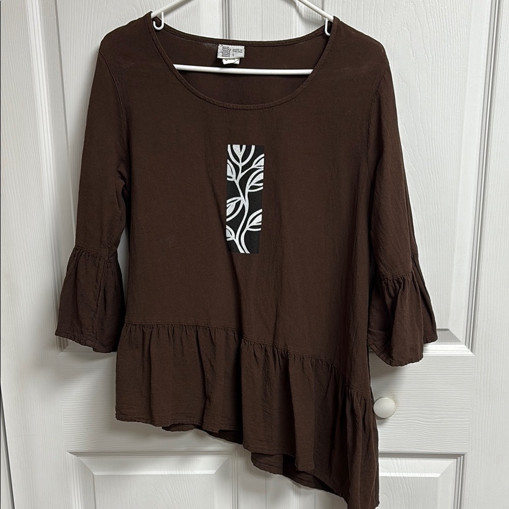 Indigo Brown and White Asymmetrical Bell Sleeve Blouse